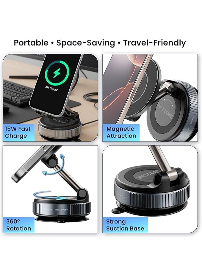 هامزون حامل هاتف مغناطيسي للسيارة، قابل للدوران 360 درجة وقابل للطي، مزود بكوب شفط وحلقة مغناطيسية، حامل هاتف صغير للسيارة مع حلقة مغناطيسية، للسيارة/المكتب/المرآة والأسطح الملساء الأخرى - Image 5